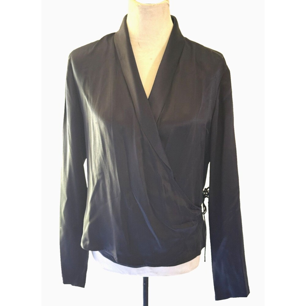 New Vintage Linda Allard Ellen Tracy Navy Silk Wrap Blouse Sz 12